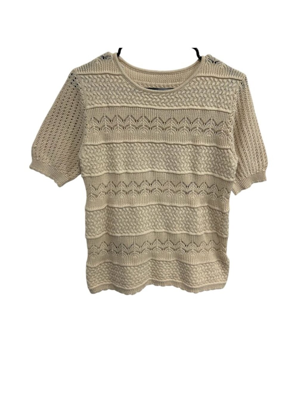 Medium Beige Knit Short Sleeve Knit Top Ripple Pattern Vintage Style Retro